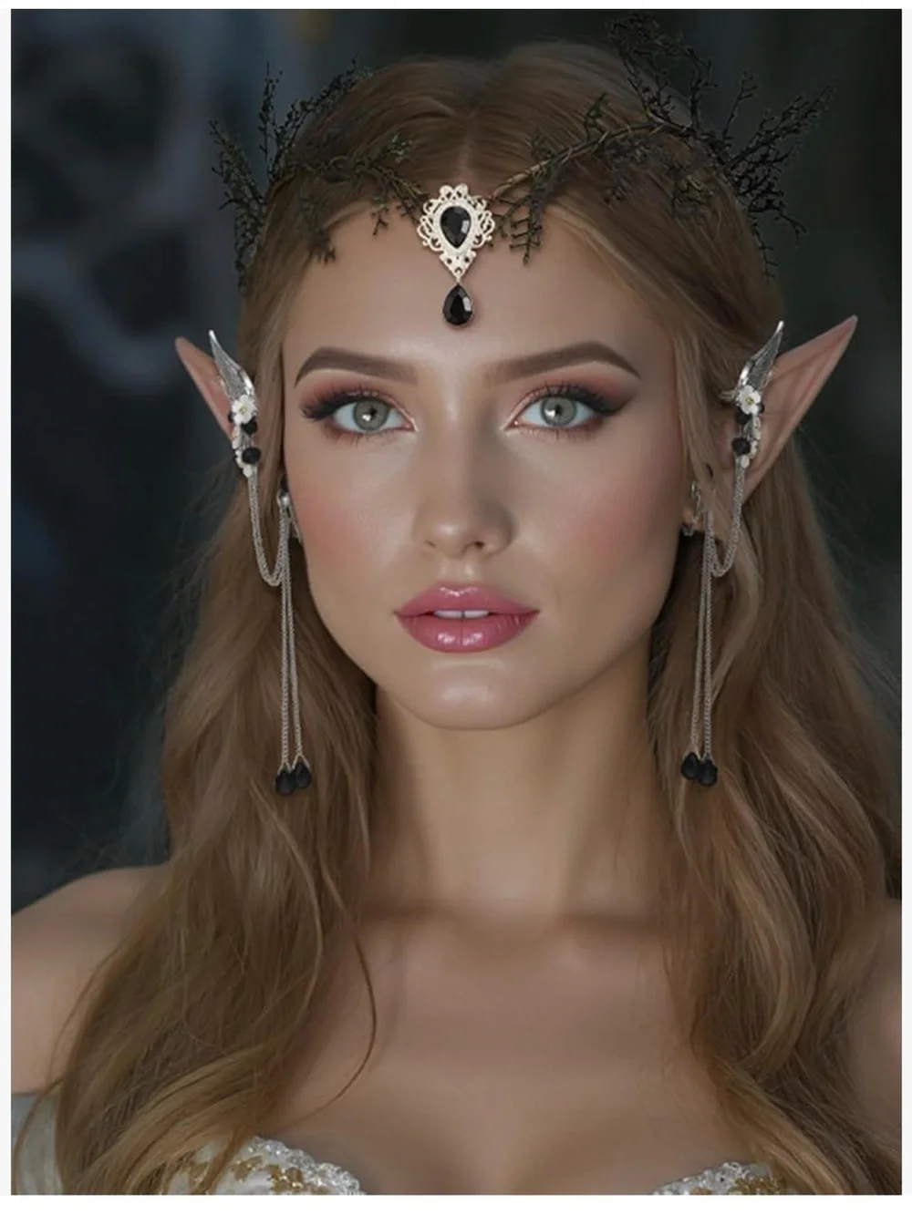 Black Leaf Tiara with Silver Wing Earrings - SWEETV Fairy Elven Headpiece